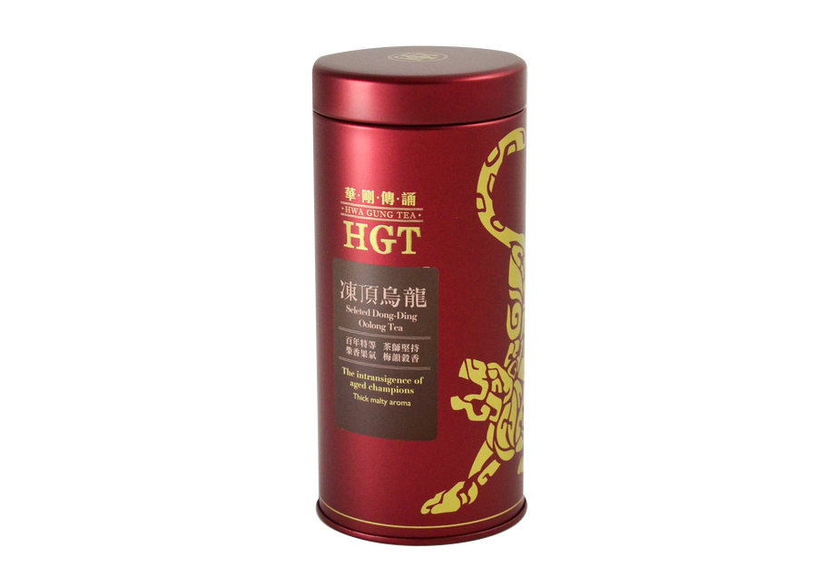 Red tin of Hwa Gung Tea Legends Series Selected Dong-Ding Oolong Tea with brown label