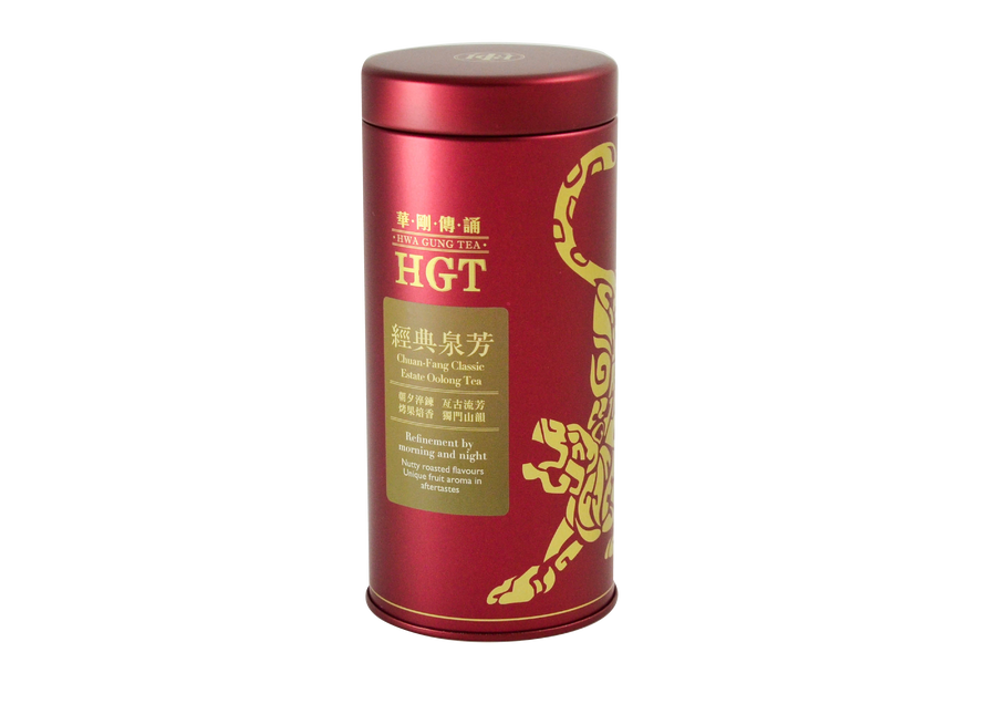 Red tin of Hwa Gung Tea Legends Series Chuan-Fan Classic Estate Oolong Tea with brown label