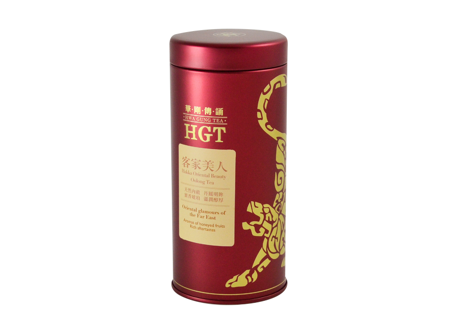 Red tin of Hwa Gung Tea Legend Series Hakka Oriental Beauty Oolong Tea with vanilla label