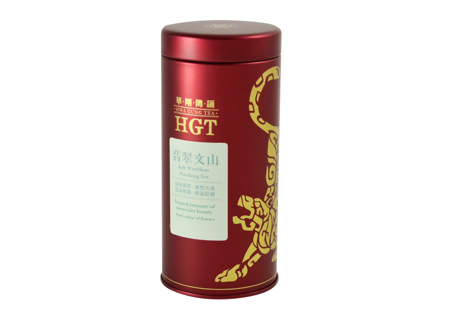 Red tin of Hwa Gung Tea Legends Series Jade WenShan Pouchong Tea with light blue label