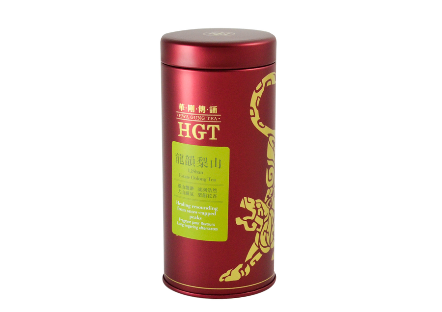 Red tin of Hwa Gung Tea  Legends Series LiShan Estate Oolong Tea with green label