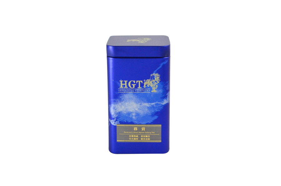 Blue tin of Hwa Gung Tea Eternity Series Reserved LiShan Alpine Oolong Tea