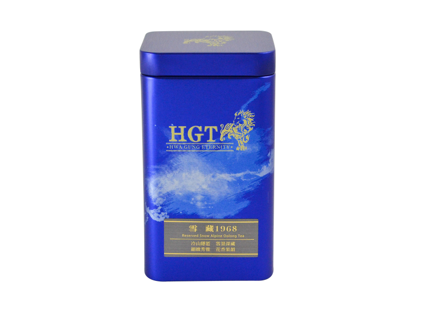 Blue tin of Hwa Gung Tea Eternity Series Reserved Snow Alpine Oolong Tea