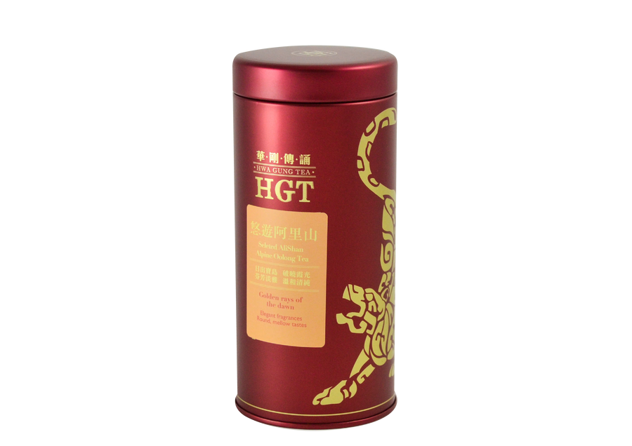 Red tin of Hwa Gung Tea Legends Series Selected AliShan Alpine Oolong Tea with orange label