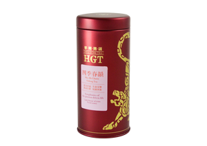 Red tin of Hwa Gung Tea Legends Series Shy-Jih-Chuen Oolong Tea with light purple label