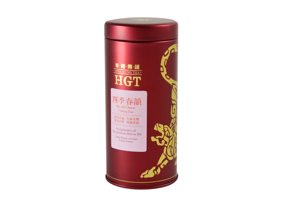 Red tin of Hwa Gung Tea Legends Series Shy-Jih-Chuen Oolong Tea with light purple label