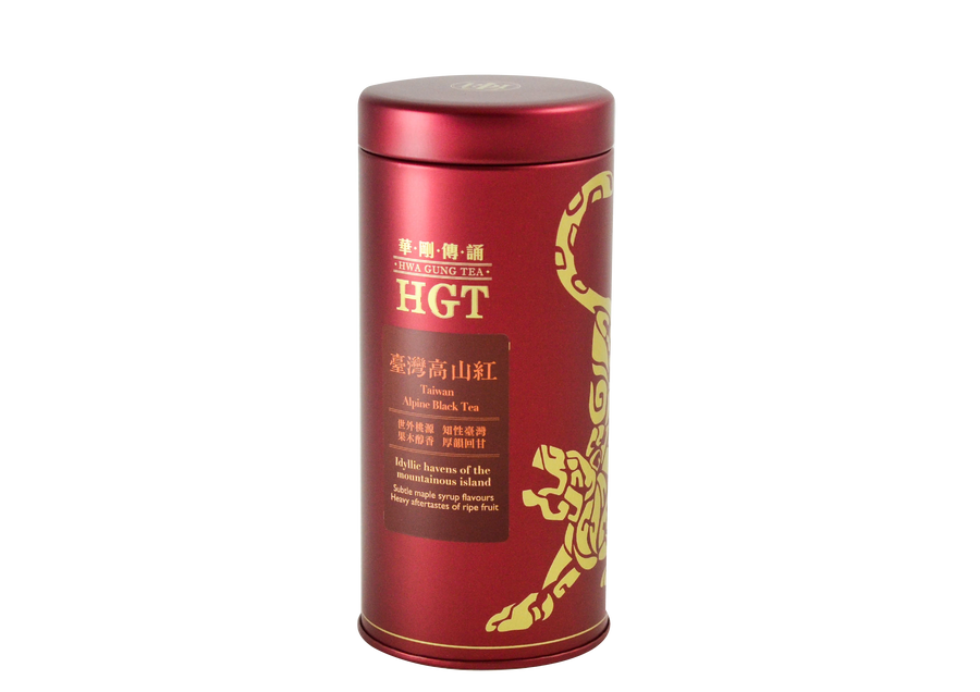 Red tin of Hwa Gung Tea Legends Series Taiwan Alpine Black Tea with brown label