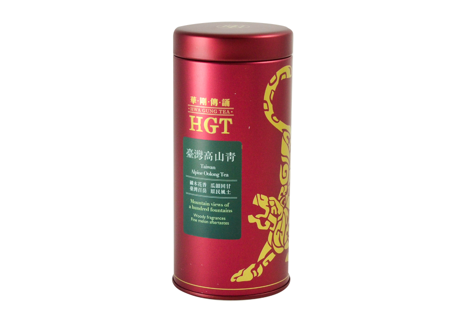 Red tin of Hwa Gung Tea Legends Series Alpine Oolong Tea with dark green label